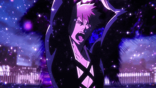 a cartoon character with purple hair and a purple background