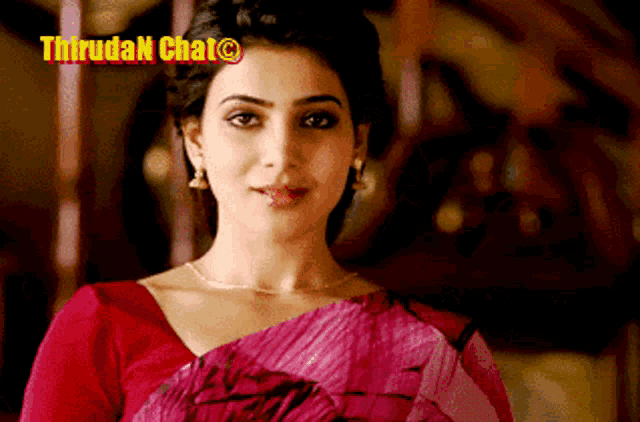 a woman wearing a red top and a pink saree with the words thrudan chat below her
