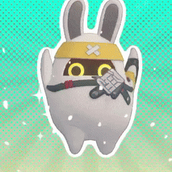 a white bunny with a yellow headband and a gun