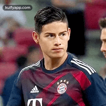 a close up of a soccer player wearing a blue and red jersey .