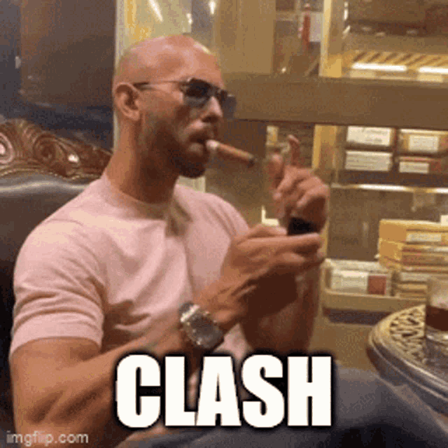 a man is smoking a cigar and the word clash is on the bottom