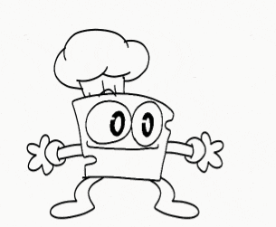 a black and white drawing of a cartoon character with a chef hat on