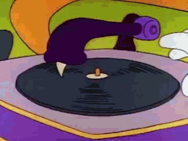 a cartoon character playing a record on a turntable