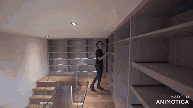 a woman is standing in a room with shelves and the words made in animotica above her