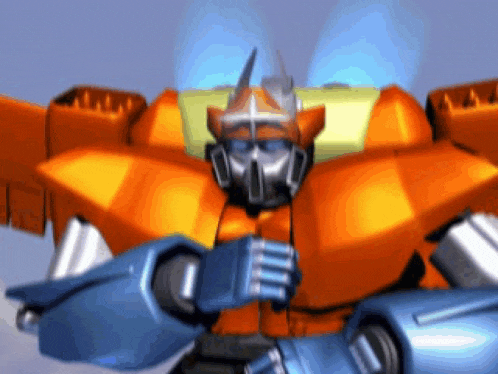 an orange robot with blue arms and a helmet on its head