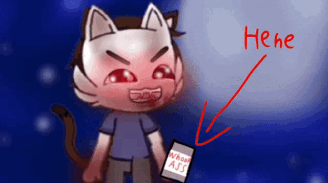 a drawing of a cat holding a piece of paper that says ' whoass ' on it