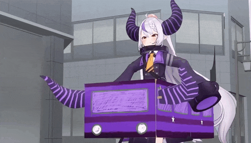 a girl with horns is holding a purple box that says " e " on it