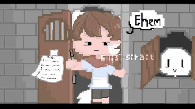 a pixel art drawing of a girl holding a piece of paper with the word " ehem " written on it