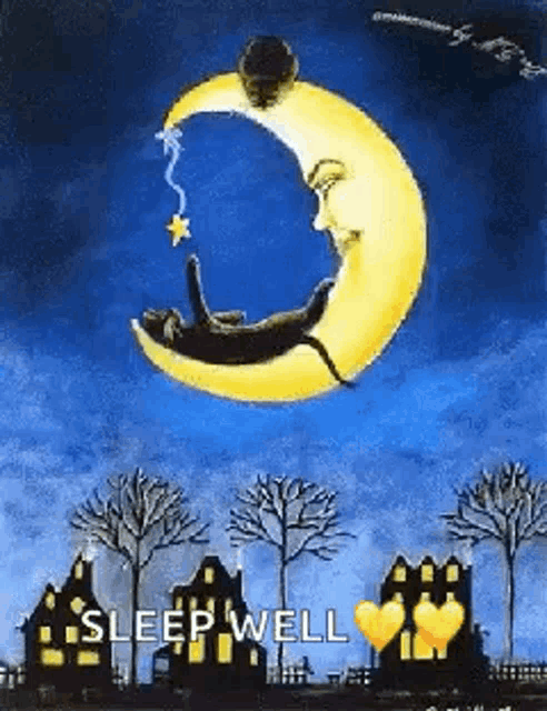 a black cat is sleeping on a crescent moon .