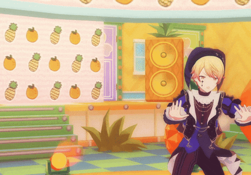 a cartoon character stands in front of a wall of pineapples