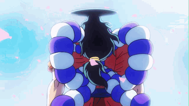 a cartoon drawing of a person with blue and white balloons on their arms