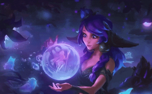 a woman with purple hair is holding a bubble with a fairy inside of it