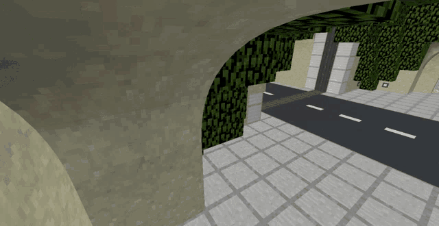 a computer generated image of a street with a brick wall