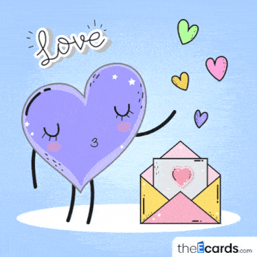 a purple heart with arms and legs is standing next to an envelope with a letter in it