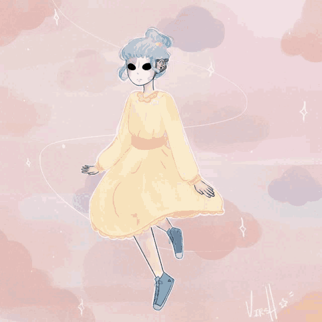 a drawing of a girl wearing a yellow dress and blue sneakers