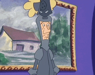 a cartoon of a knight standing in front of a painting