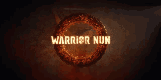 a warrior nun logo is displayed in a dark background