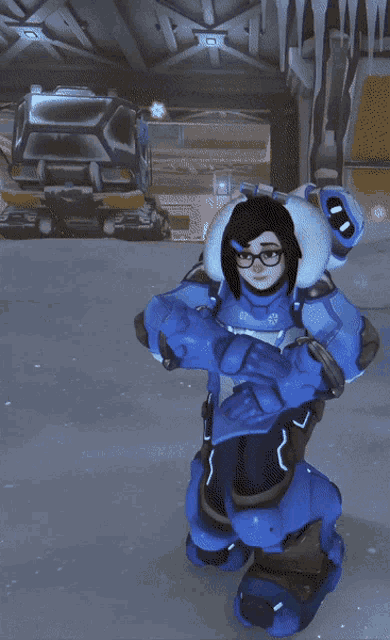 a cartoon character is standing in the snow with her arms up in the air