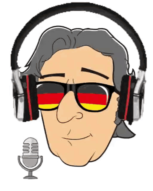 a cartoon of a man wearing headphones and sunglasses with a microphone next to him