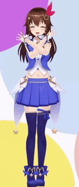 a girl in a blue skirt and knee high socks is giving a thumbs down sign