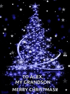 a christmas tree with blue lights and stars on a black background .