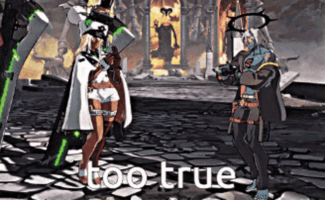 two video game characters are standing next to each other with the words too true above them