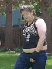a pixelated image of a man wearing a tank top and blue jeans
