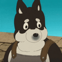a black and white cartoon dog with a brown backpack