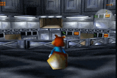a cartoon character in a video game is standing in front of a door that says ' exit ' on it