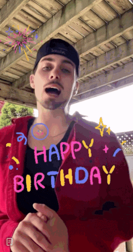 a man wearing a red jacket and a black hat says happy birthday