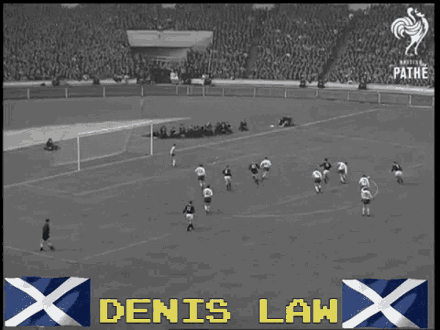 a black and white photo of a soccer game with the name denis law on it