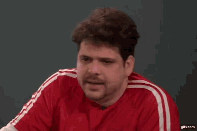 a man with a beard and mustache is wearing a red shirt with white stripes .