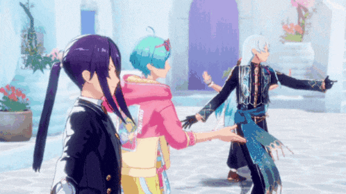 a group of anime characters are dancing together in a video game