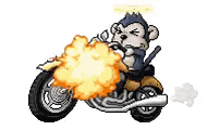 a pixel art of a man riding a motorcycle with smoke coming out of it and a cat flying in the background .