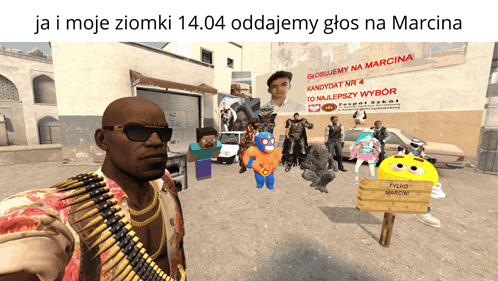 a group of people standing in front of a sign that says " oddajemy glos na marcina "