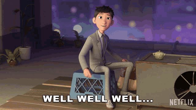 a man in a suit sits on a blue crate and says well well well ... netflix