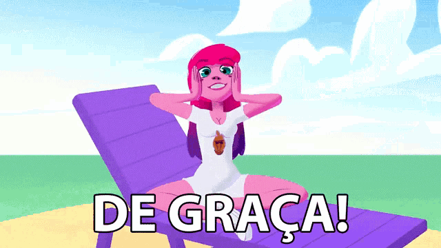 a cartoon of a girl sitting in a purple chair with the words de graça
