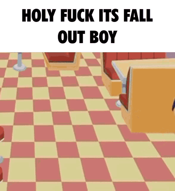 a cartoon of a diner with a checkered floor and the words `` holy fuck its fall out boy '' above it .