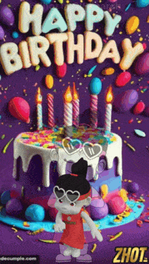 a cartoon girl is standing in front of a birthday cake .