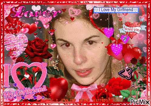 a picture of a woman with hearts and the words " love my girlfriend "