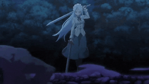 a girl with white hair is holding a sword in her hand