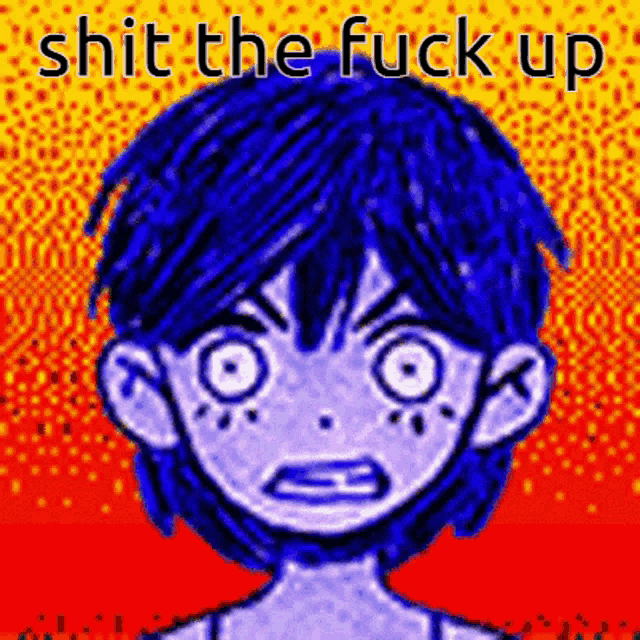 a picture of a boy with blue hair and the words shit the fuck up