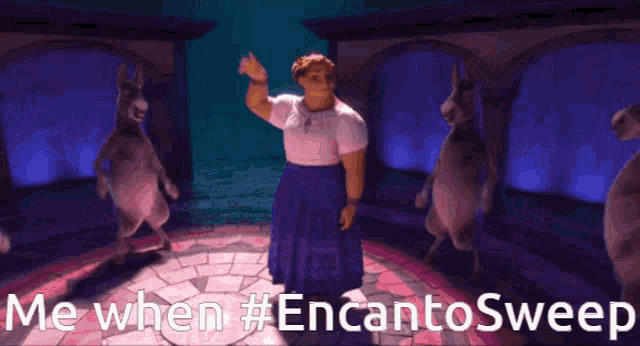a cartoon of a man in a blue skirt with the words me when #encantosweep below him