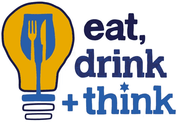 a light bulb with a fork and knife inside of it and the words eat drink + think