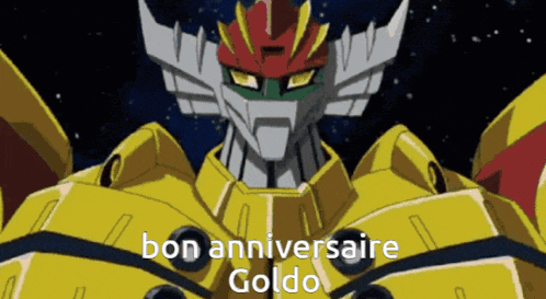 a cartoon robot says bon anniversaire goldo in french