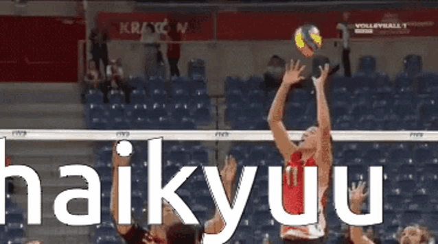 a volleyball game is being played and the word haikyuu is visible