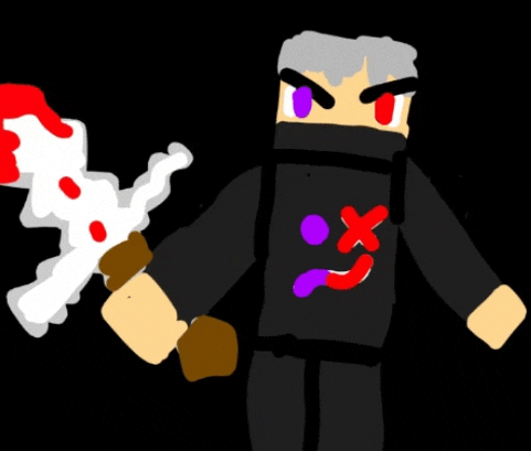 a drawing of a person holding a bloody sword with a smiley face on it