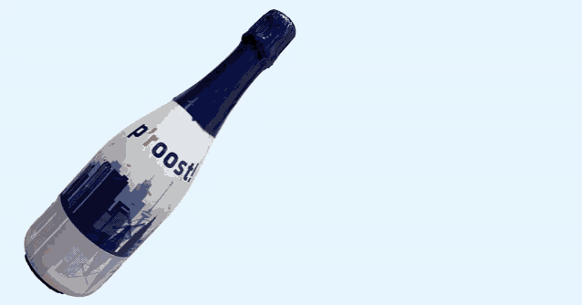 a blue and white bottle of proost champagne