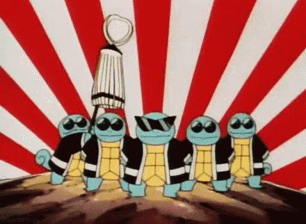 a group of cartoon turtles standing next to each other on top of a rock .