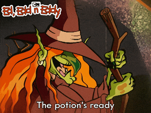 a cartoon of a witch with the words the potion 's ready